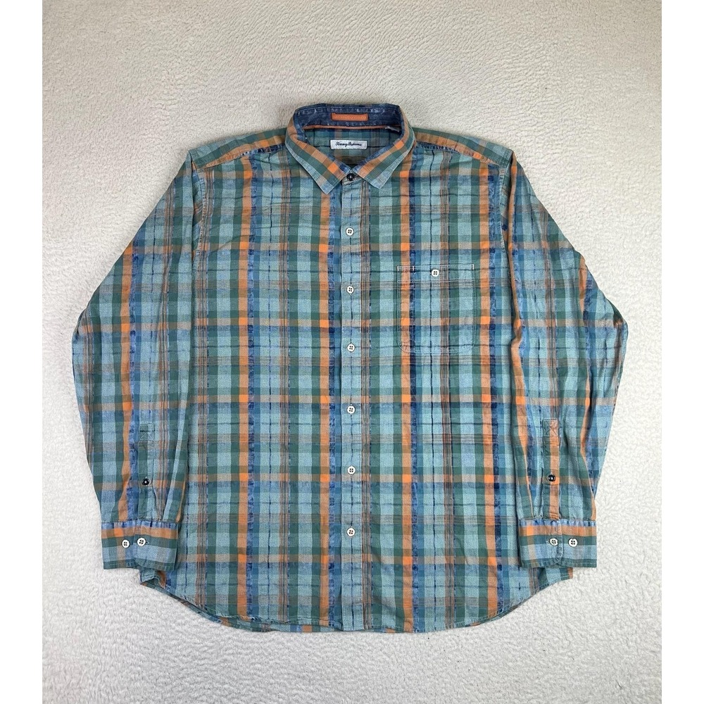 Tommy Bahama Mens 2XL Relaxed Fit Green‎ Plaid Button Up Shirt Cotton ST326537